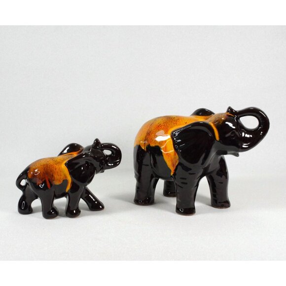 Mother and Baby Drip Glaze Elephants Raised Trunk Evangeline Canuck Pottery - Picture 2 of 4